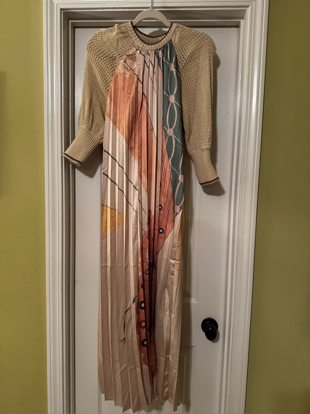 Aleeza Paris - Pleated Multi Cream Floral-Print Maxi Dress with crochet sleeves